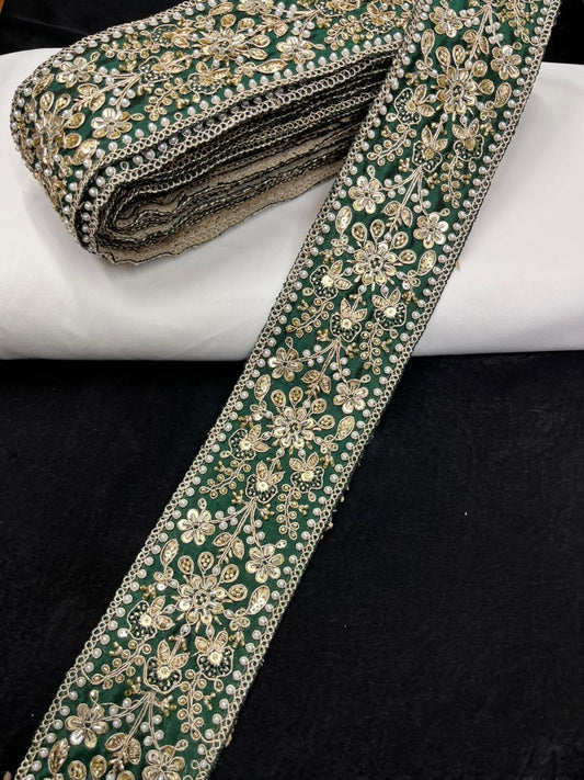 Maggam Work Lace for Sarees & Bridal Wear – Designer Embroidered Lace Border for Lehengas, Blouses & Dupattas (3 Inch) | Bottle Green