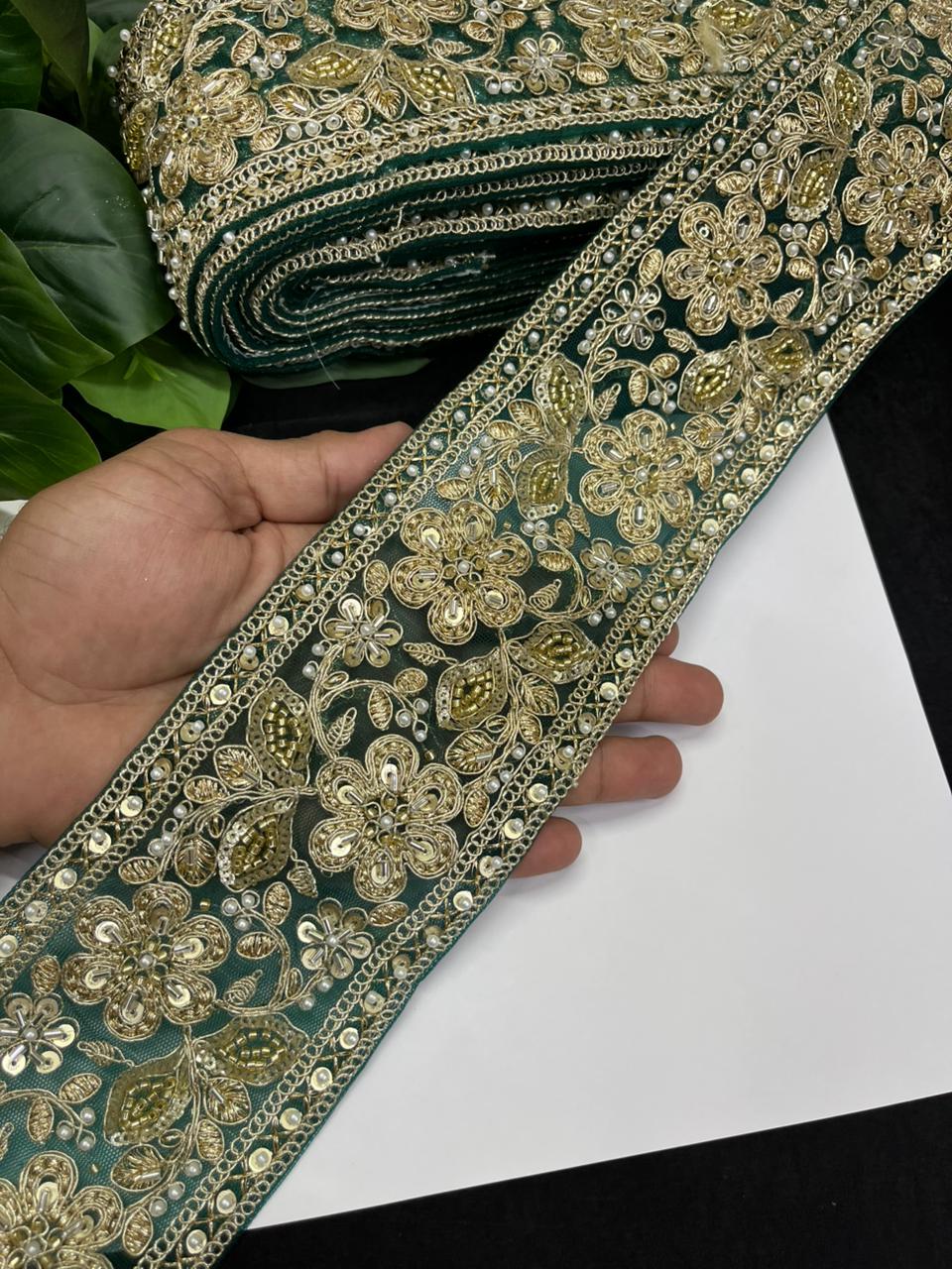 Designer Maggam Work Saree Lace on Net Fabric – Handcrafted Embroidered Lace Border for Sarees, Blouses & Lehengas (3.5 Inch) | Bottle Green