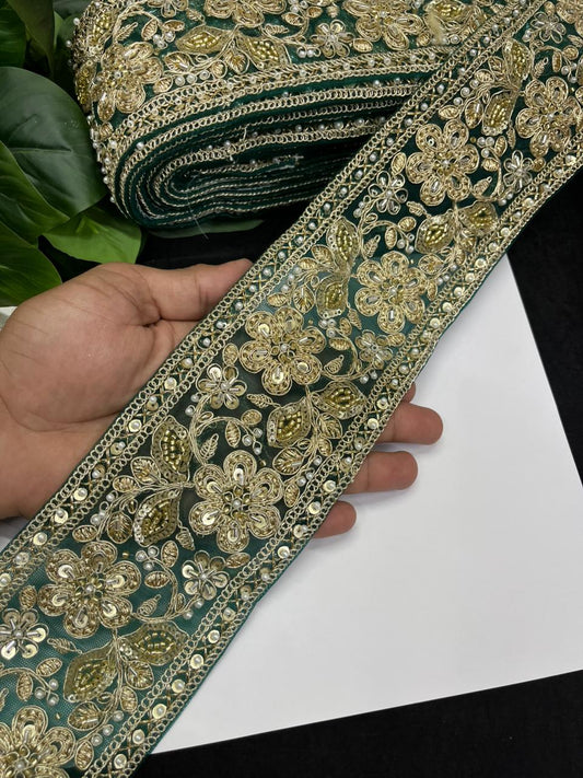 Designer Maggam Work Saree Lace on Net Fabric – Handcrafted Embroidered Lace Border for Sarees, Blouses & Lehengas (3.5 Inch) | Bottle Green