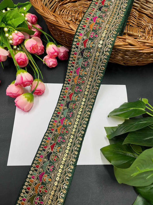Exquisite Embroidered Lace Border – 9 Meters, 2.5-Inch Sabyasachi Inspired Designer Trim for Sarees & Lehengas | Bottle Green
