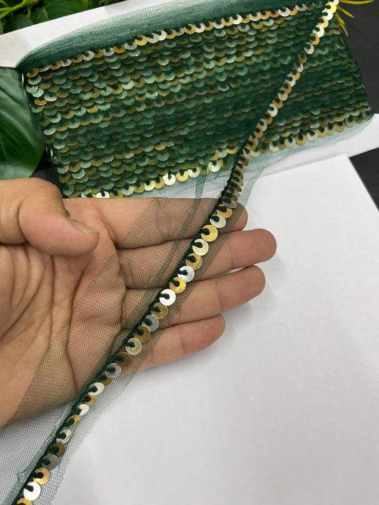 Sabyasachi-Inspired Metal Coin Lace for Dupattas & Sarees – Premium Handmade Ethnic Lace Border | Bottle Green