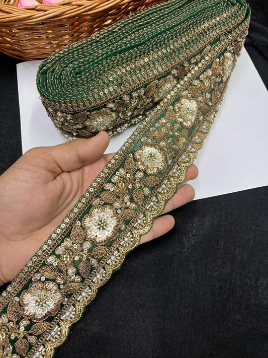 Antique Zari Flower Design Maggam Work Lace for Sarees – Premium Designer Maggam Lace | Bottle Green