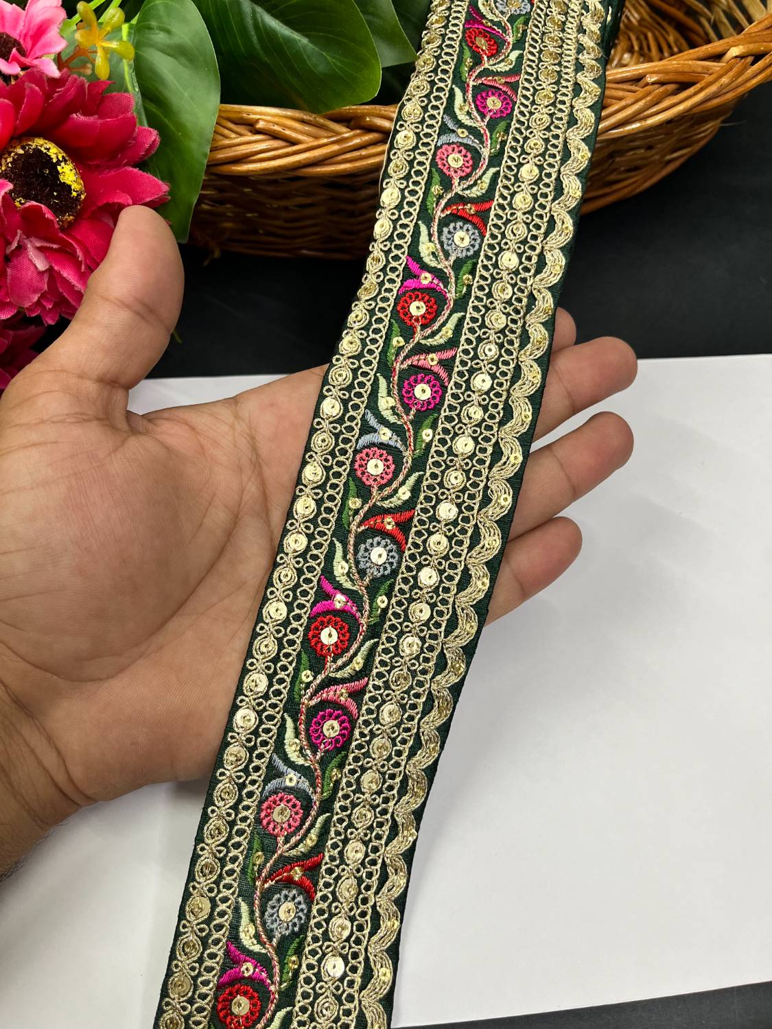 Sabyasachi Inspired Embroidery Lace Border for Sarees & Lehengas (9 Meter) – 2 Inch Width | Bottle Green