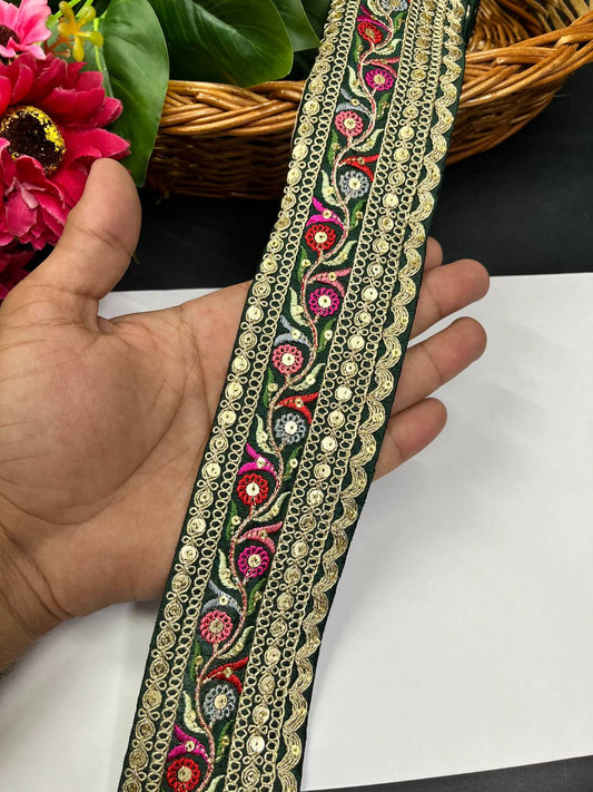 Sabyasachi Inspired Embroidery Lace Border for Sarees & Lehengas (9 Meter) – 2 Inch Width | Bottle Green