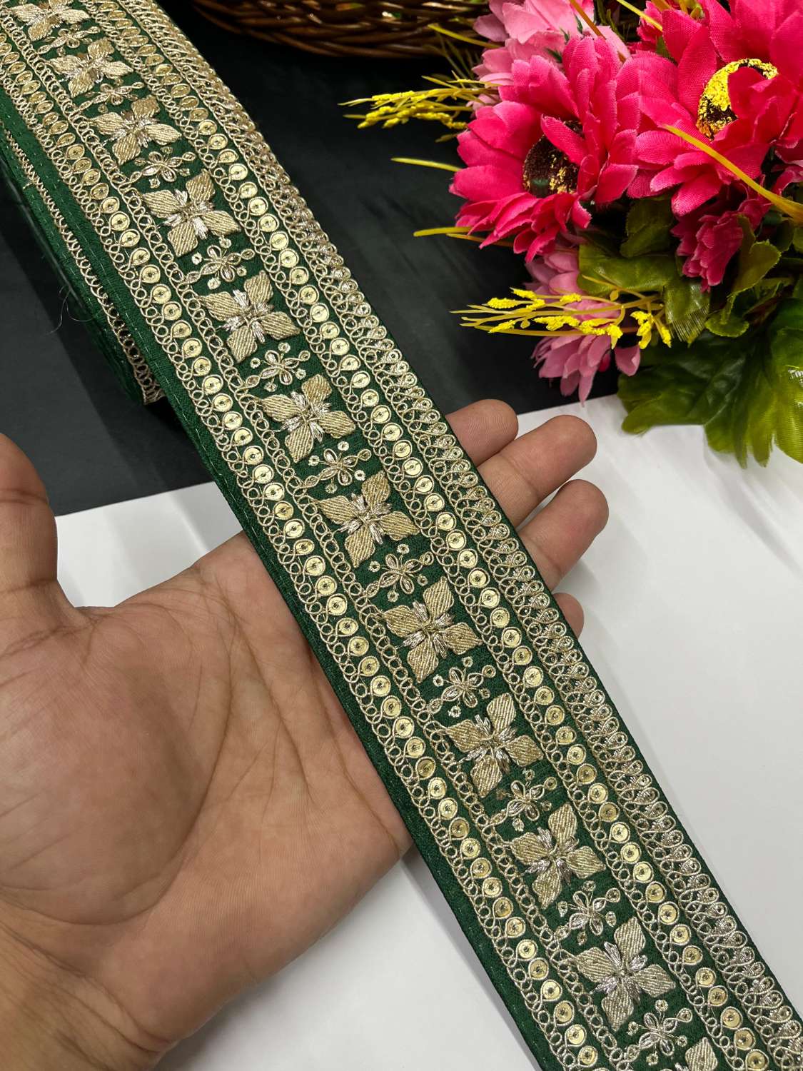 Zari Embroidered Saree Lace Border Trim for Dupatta & Dresses – Fancy Embellished Lace (9 Meter) | Bottle Green