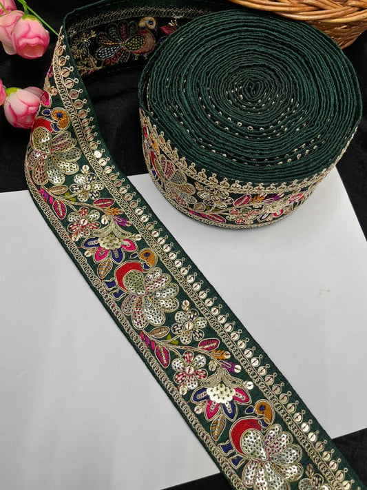 Peacock Design Sequins Work Embroidered Lace Designs – Premium Designer Embroidered Lace | Bottle Green