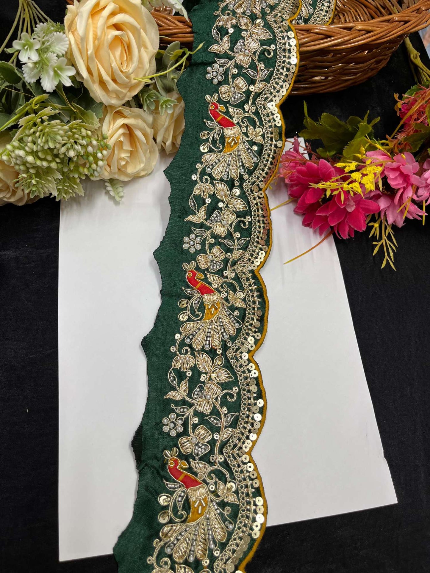 Exclusive Peacock Face Maggam Work Saree Laces – 9 Meters, 3-Inch Embroidered Border for Sarees, Lehengas & Dupattas | Bottle Green