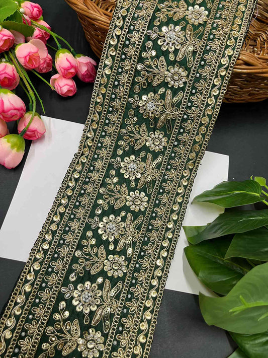 Handcrafted Exquisite Embroidered Cutdana Bridal Lehenga Border – 9 Meters, 5-Inch Maggam Work Lace | Bottle Green