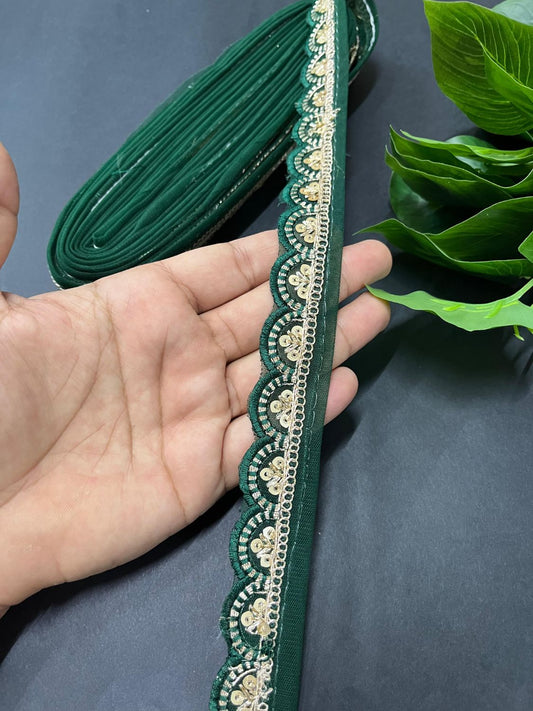 Gold Sequin Embroidered Lace on Net Fabric – Tone-to-Tone Design for Sarees, Dresses & Crafts – 9 Meter | Bottle Green