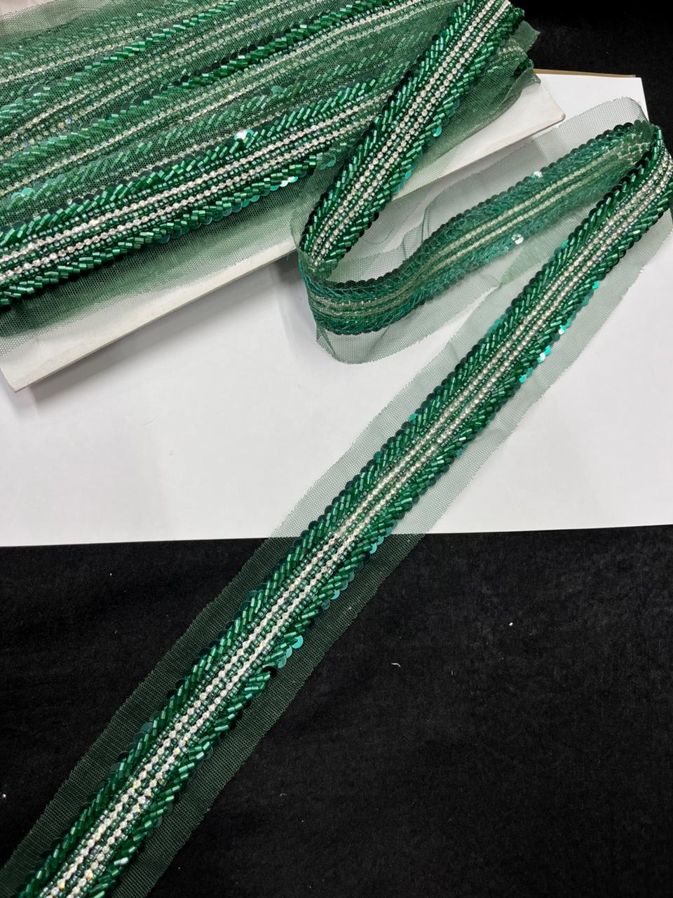 Handmade Sequins Diamond Lace on Net Fabric for Sarees, Kurtis & Dresses – Designer Embroidered Lace Border (1.5 Inch) | Bottle Green