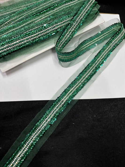 Handmade Sequins Diamond Lace on Net Fabric for Sarees, Kurtis & Dresses – Designer Embroidered Lace Border (1.5 Inch) | Bottle Green