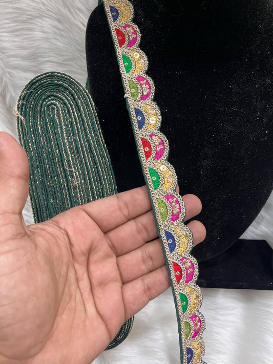 Sabyasachi Inspired Lace Borders – 9 Meters, 1-Inch Designer Embroidered Trim for Sarees, Lehengas & Dupattas | Bottle Green