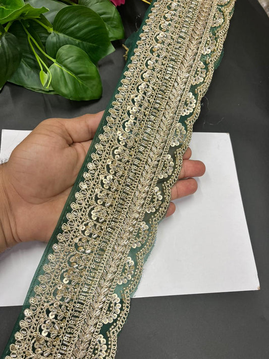 Exclusive Bridal Saree Laces & Borders on Net Fabric – Maggam Work Designer Trim for Sarees, Lehengas & Dupattas (9 Meter, 4 Inch Width) | Bottle Green