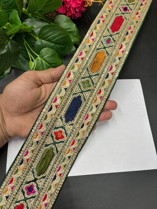 Designer Sabyasachi Laces & Borders – Premium Embroidered Lace Trim for Sarees, Lehengas & Dupattas (9 Meter, 3.5 Inch Width) | Bottle Green