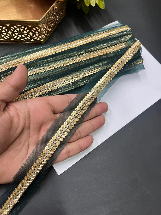 Elegant Pipe & Sequin Work Lace Borders – Designer Maggam Work Trim for Sarees, Lehengas & Dupattas (9 Meter, 0.5 Inch Width) | Bottle Green