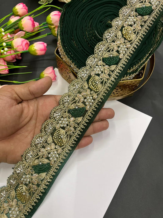 Designer Beaded Net Based Maggam Work Lace for Sarees – Premium 2 Inch Hand-Embellished Border for Lehengas & Bridal Wear (9 Meter) | Bottle Green