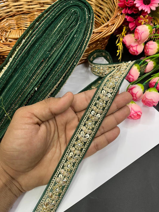 Designer Maggam Work Lace for Sarees – Premium 1 Inch Hand-Embellished Border for Lehengas, Dupattas & Bridal Wear (9 Meter) | Bottle Green