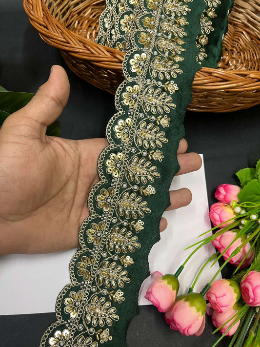 Heritage Scalloped Beaded Cutwork Embroidered Lace – 9 Meters, 2-Inch Maggam Work Border for Sarees & Lehengas | Bottle Green