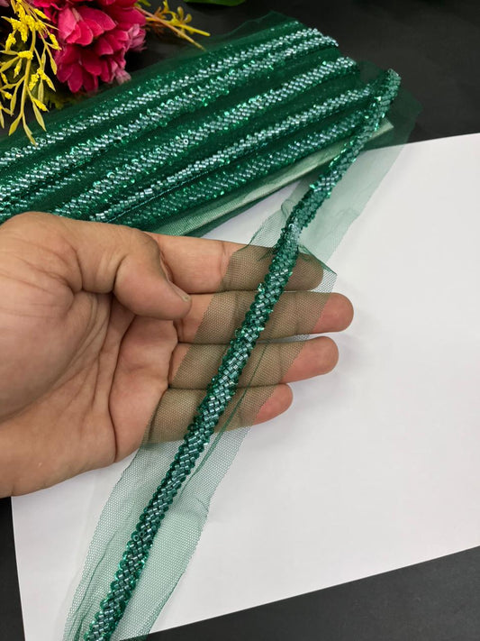 Imported Beaded Lace Trims – Premium Half-Inch Designer Lace for Sarees, Dupattas, Lehengas & Couture Wear (9 Meter) | Bottle Green