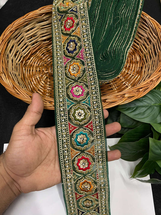 Multicolored Sabyasachi Inspired Saree Laces – 9 Meters, 3-Inch Designer Embroidered Border for Sarees, Lehengas & Dupattas | Bottle Green