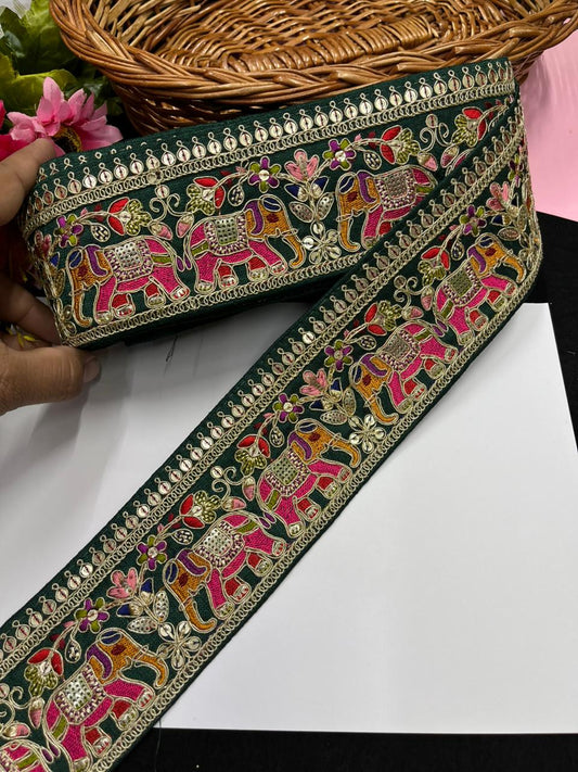 Beautiful Elephant Design Embroidered Zari Saree Lace – Premium Designer Embroidered Lace | Bottle Green