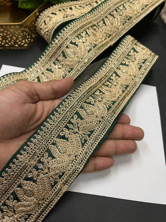 Embroidered Laces for Sarees & Bridal Wear – Premium Designer Border Trim for Dupattas & Lehengas (9 Meter, 3 Inch Width) | Bottle Green
