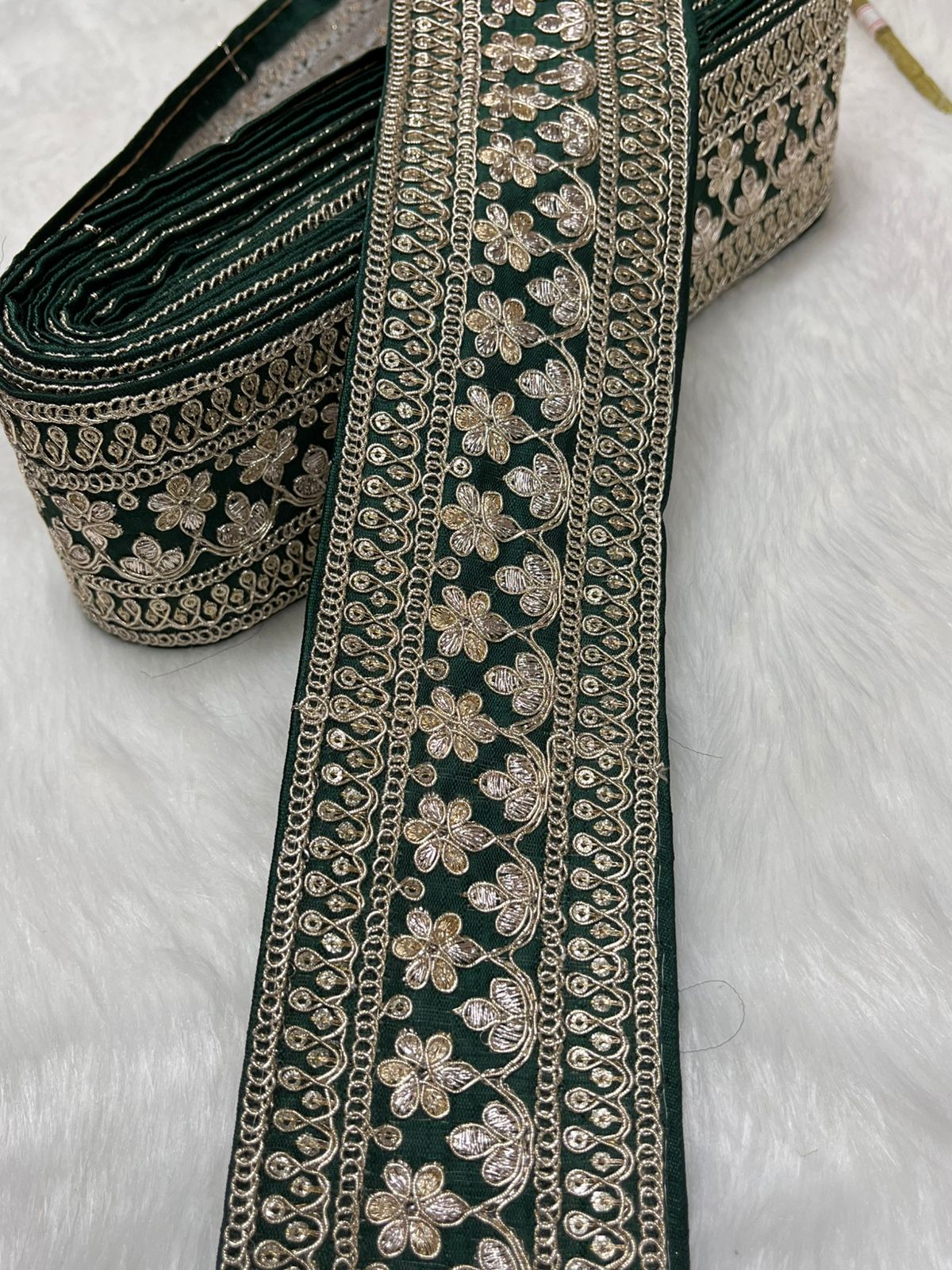 Elegant Embroidered Designer Lace Border – 9 Meter Roll, 2.5 Inch Wide for Sarees, Dresses, and Crafts | Bottle Green