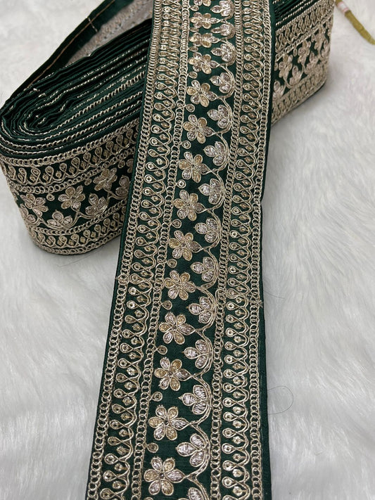 Elegant Embroidered Designer Lace Border – 9 Meter Roll, 2.5 Inch Wide for Sarees, Dresses, and Crafts | Bottle Green
