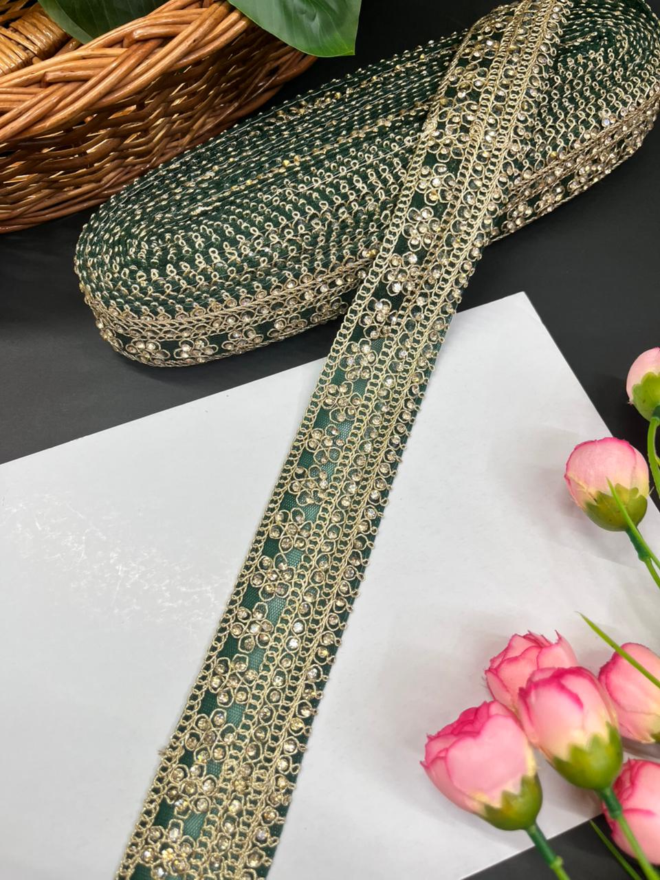 Gorgeous Diamond Work Lace & Borders – Premium Maggam Work Trim for Sarees, Lehengas & Dupattas (9 Meter, 2 Inch Width) | Bottle Green
