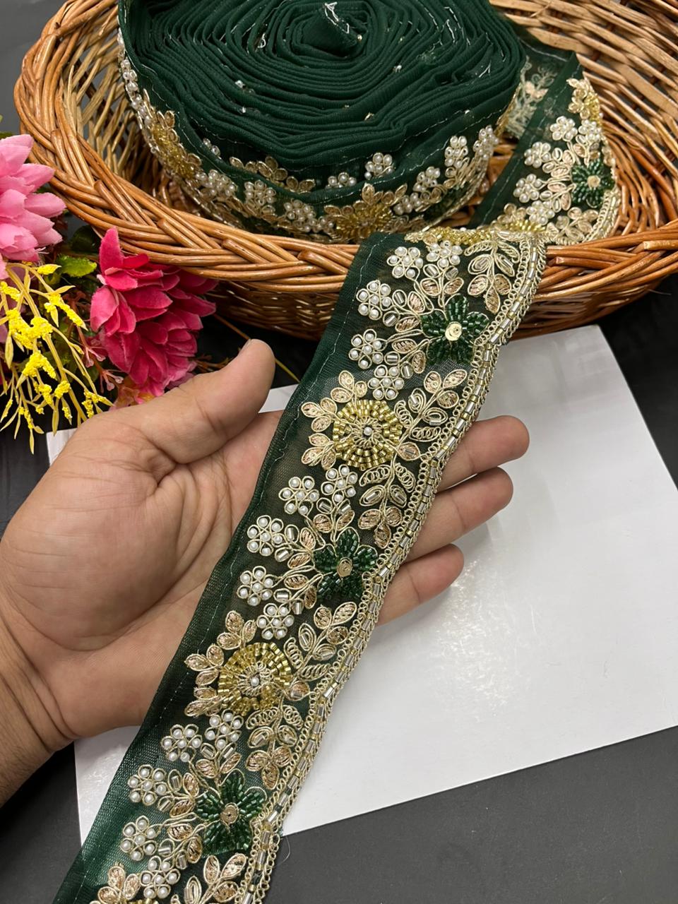 Luxurious Beaded Cutdana Bridal Dupatta Lace | Maggam Saree Laces – Designer Embellished Border (9 Meter, 2.5 Inch Width) | Bottle Green
