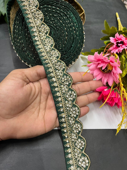 Scalloped Stonework Designer Laces – Elegant Embroidered Border Trim for Sarees, Dupattas & Lehengas (9 Meter, 1.5 Inch Width) | Bottle Green
