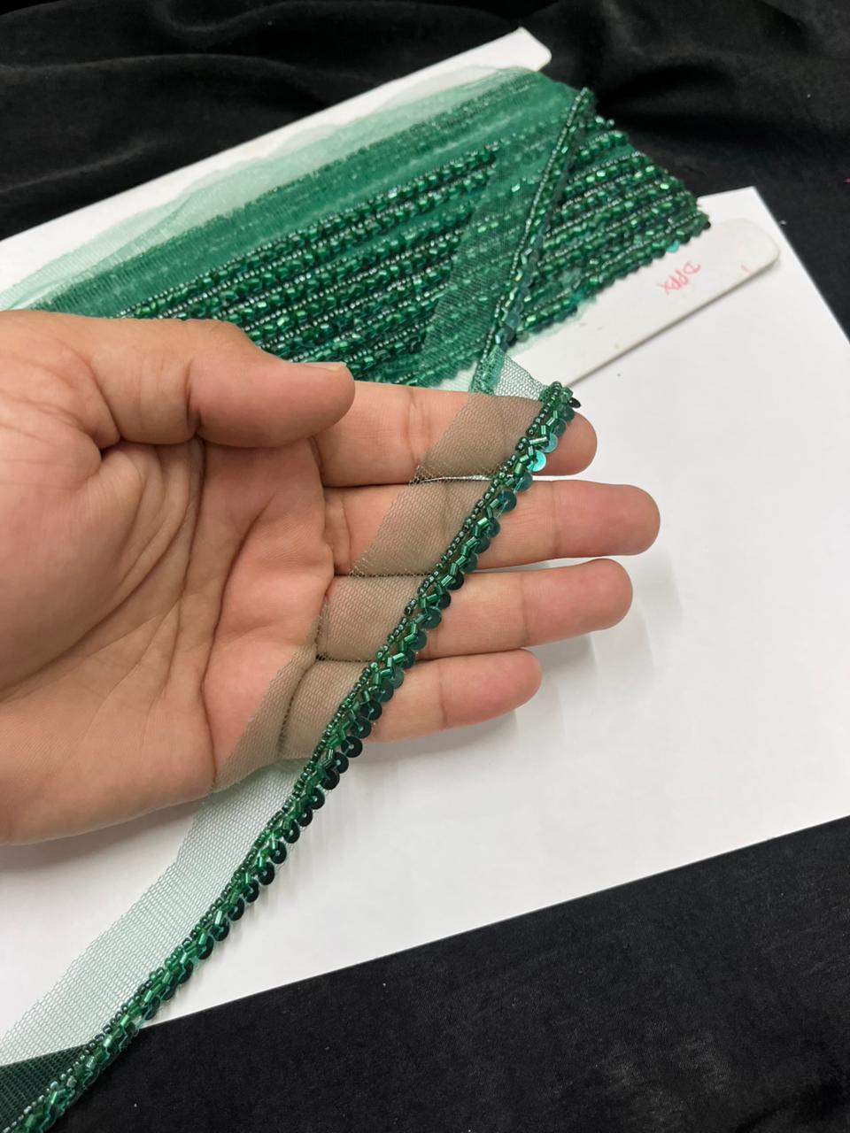 Handmade Sequins Lace Trim for Sarees, Blouses & Dresses – Narrow Handwork Embroidered Lace Border (1 cm) | Bottle Green