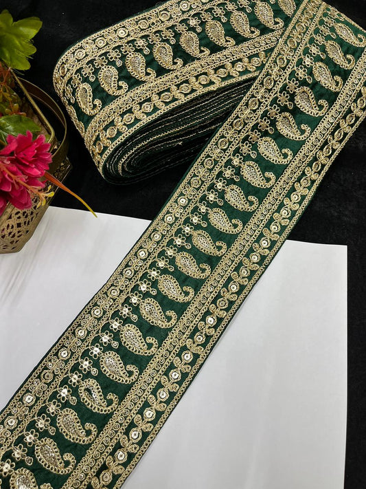 Sabyasachi Inspired Embroidered Lace Border for Sarees, Lehengas & Dupattas – Designer Wide Ethnic Lace Trim (4 Inch) | Bottle Green
