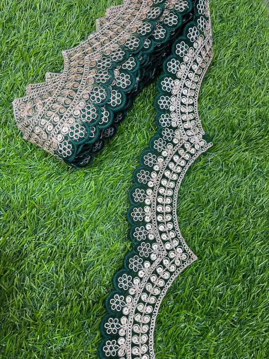 Embroidery Scallop Lace | Sequins Embellishment Trim | Craft Decorative Saree Lace – 9 Meters, 2-Inch Width | Bottle Green