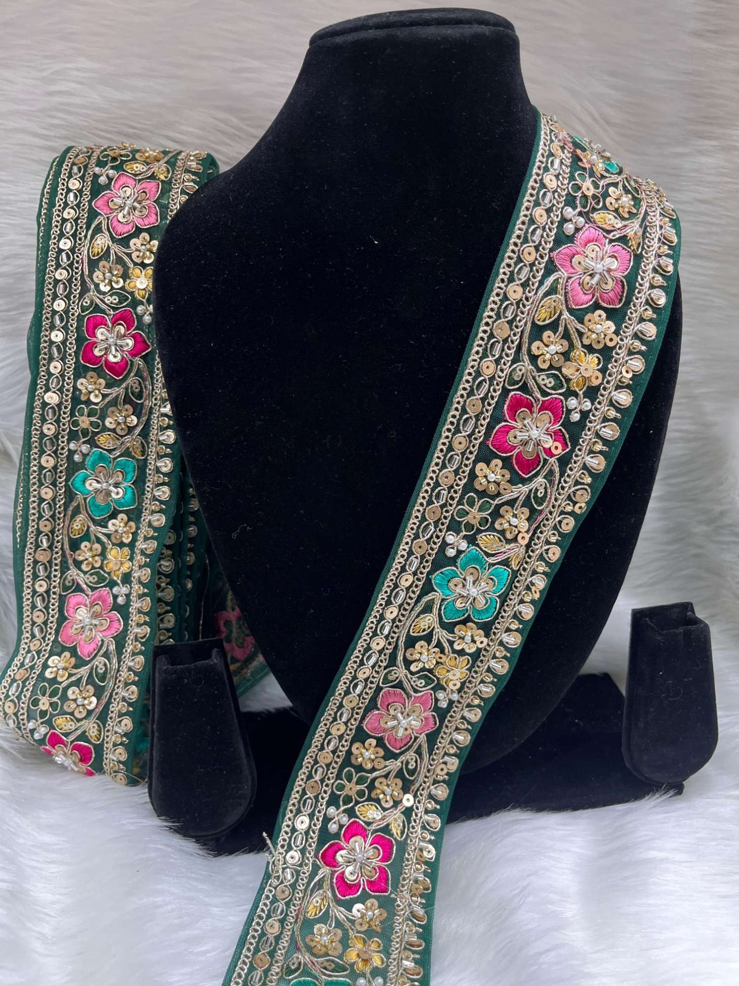 Embroidered Beaded Sequins Lace Borders on Net Fabric – 9 Meters, 2.5-Inch Maggam Work Trim for Sarees & Lehengas | Bottle Green