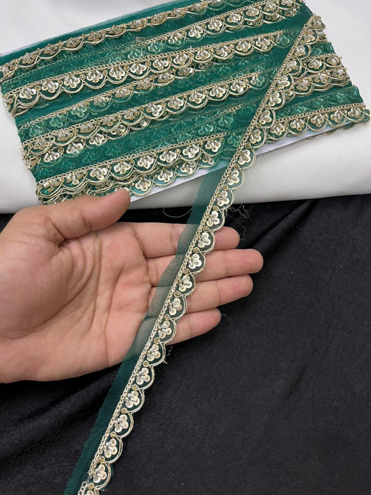 Scalloped Cutdana Work Lace for Sarees & Dupattas – Designer Maggam Work Lace Border (Half Inch) | Bottle Green