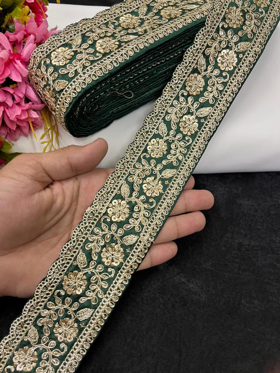 Beautiful Zari Embroidered Lace for Sarees & Lehengas – Designer Ethnic Embroidery Lace Border (2.5 Inch) | Bottle Green