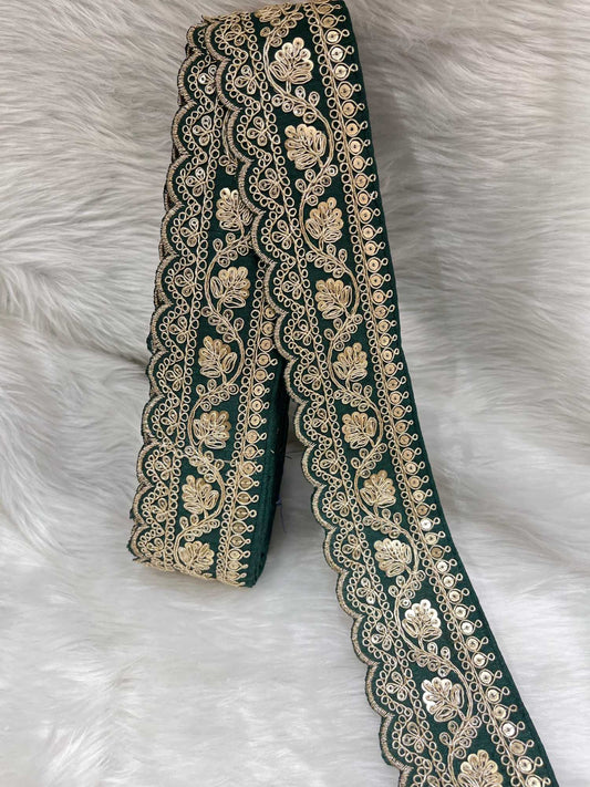 Designer Embroidery Saree Lace | Dupatta Lace | Lehenga Border – 9 Meters, 2-Inch Wide Embroidered Trim | Bottle Green