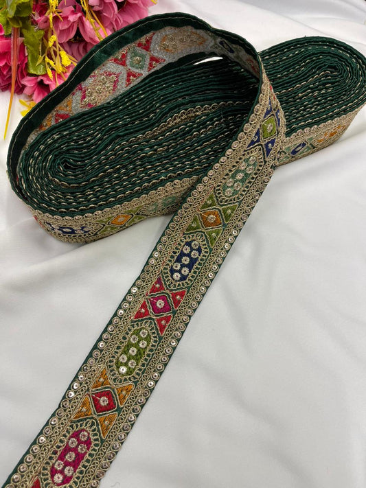 Sabyasachi Style Embroidered Designer Saree Lace Border – Luxury Ethnic Embroidery Lace for Sarees, Blouses & Lehengas | Bottle Green