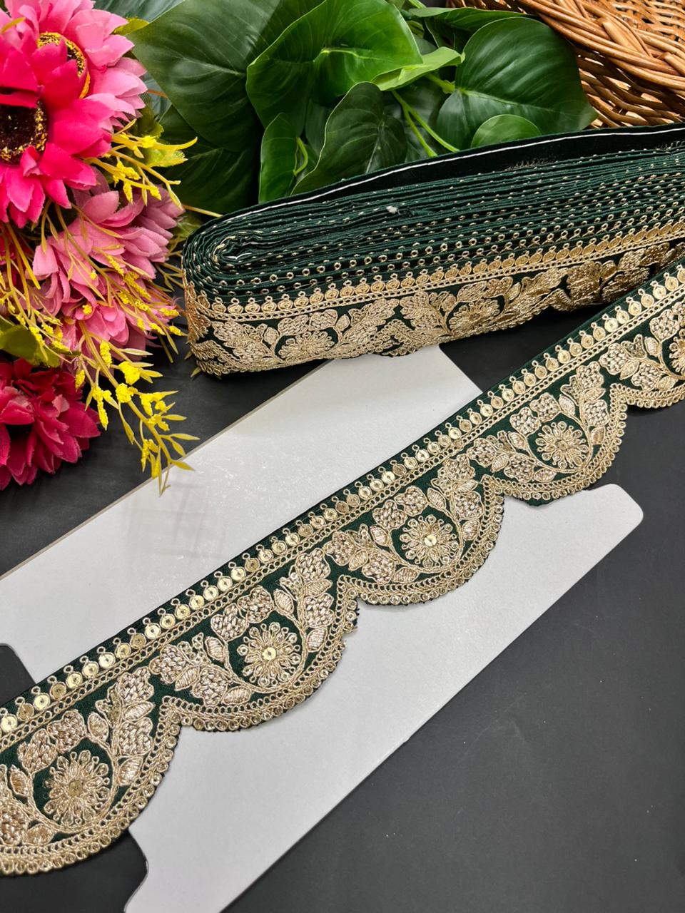 Delicate Scalloped Embroidery Lace for Sarees & Dresses – Designer Embroidered Border for Ethnic & Western Outfits (9 Meter, 2 Inch Width) | Bottle Green