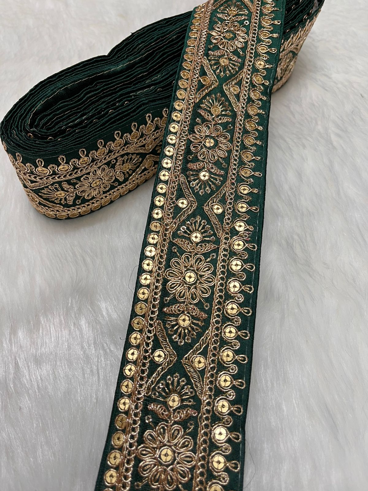 Embroidered Zari Lace – Indian Wedding Trims, Saree Border, 2 Inch Wide Lace Reel (9 Mtr) | Bottle Green
