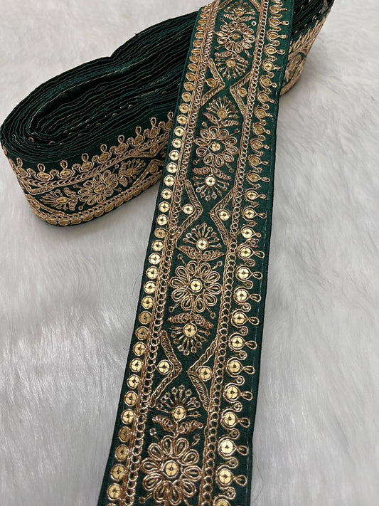 Embroidered Zari Lace – Indian Wedding Trims, Saree Border, 2 Inch Wide Lace Reel (9 Mtr) | Bottle Green