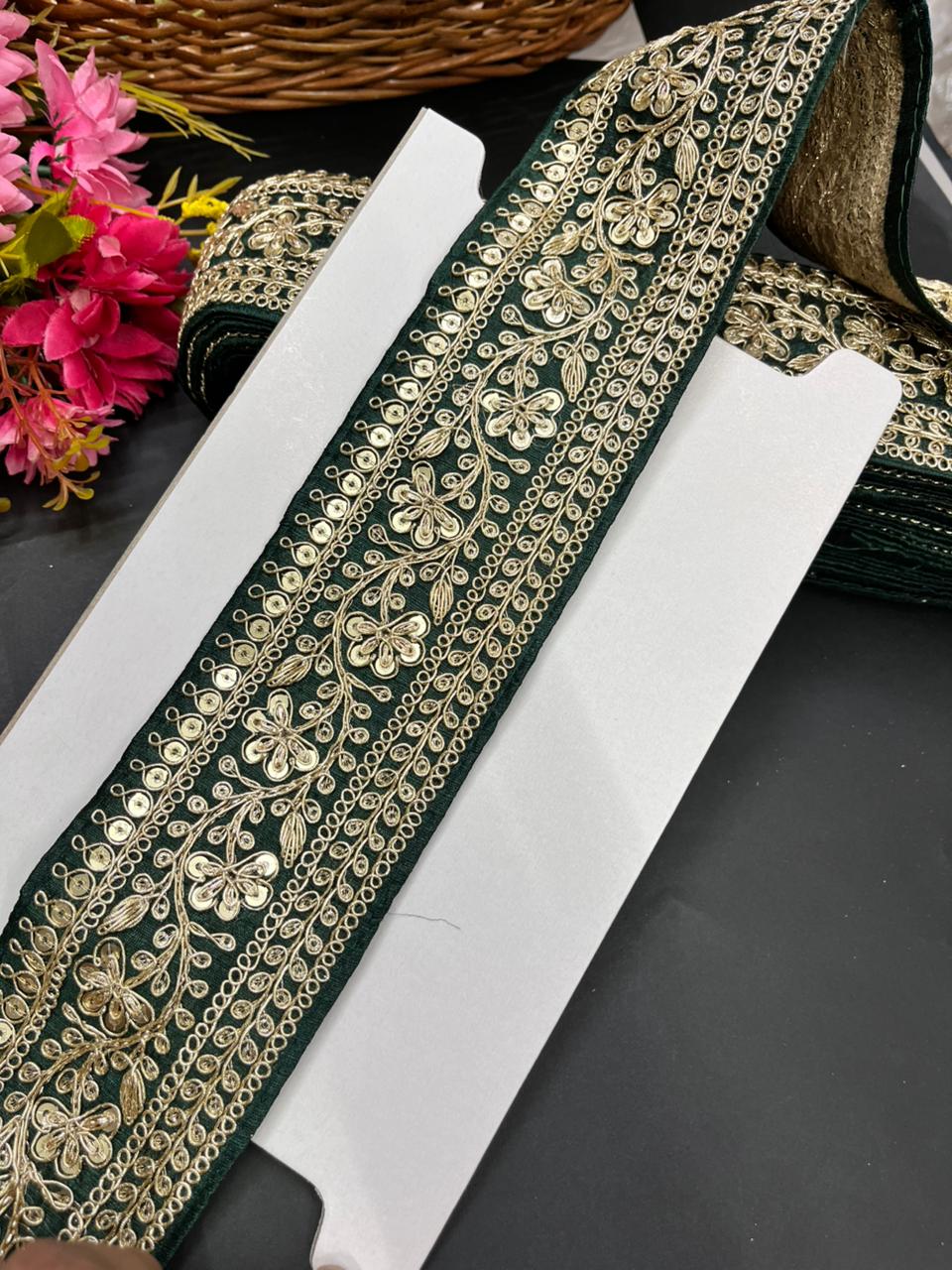 Embroidered Zari Lace Border for Saree, Lehenga & Craft Projects – Heavy 3 Inch Designer Embroidery Lace for Ethnic Wear (9 Meter) | Bottle Green