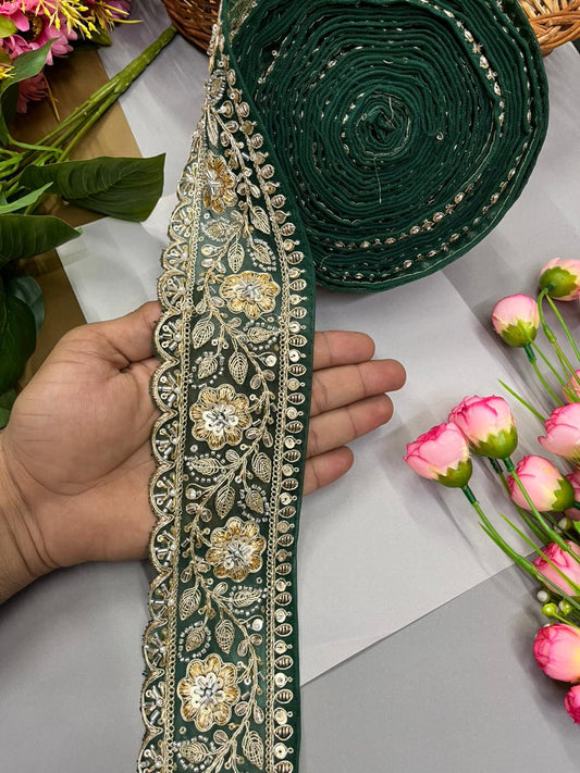 Designer Bridal Saree Lace Border – Premium 3 Inch Handcrafted Maggam Work Decorative Border for Wedding & Festive Wear (9 Meter) | Bottle Green