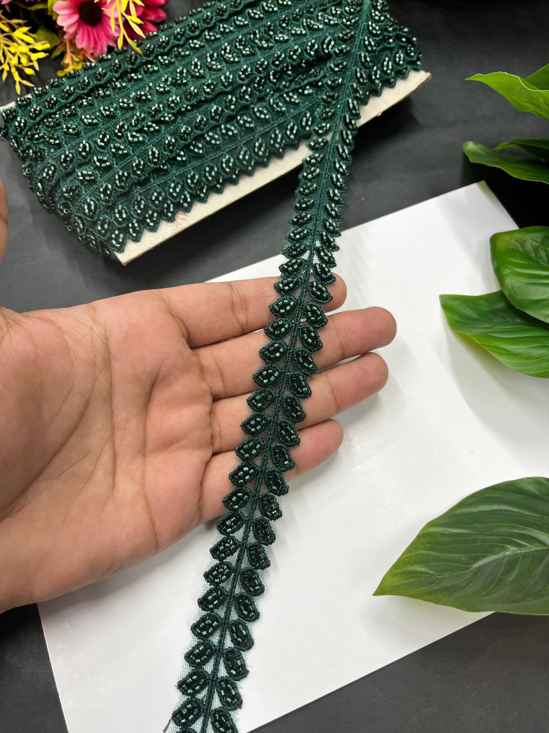 Cutdana Work Imported Lace – Decorative Lace for Sarees, Dupattas, and Dresses (9 mtr, 1 inch) | Bottle Green