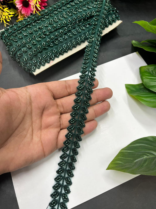 Cutdana Work Imported Lace – Decorative Lace for Sarees, Dupattas, and Dresses (9 mtr, 1 inch) | Bottle Green