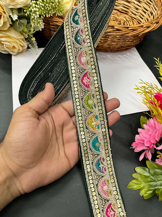 Sabyasachi Inspired Designer Saree Laces and Trims – Embroidered Border Lace (9 Meter Roll) | Bottle Green