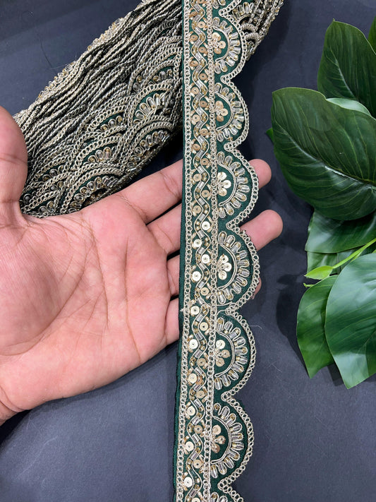 Cutdana Sequin Handmade Embroidered Lace – 9 Meters, 2-Inch Width | Maggam Work Lace | Bottle Green