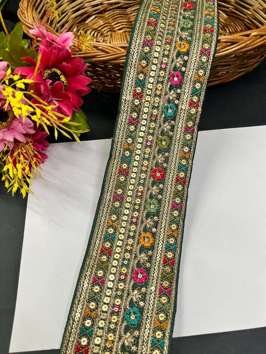 Sabyasachi Inspired Embroidery Lace for Sarees & Dupattas – 3 Inch Wide Lace Border (9 Meter) | Bottle Green
