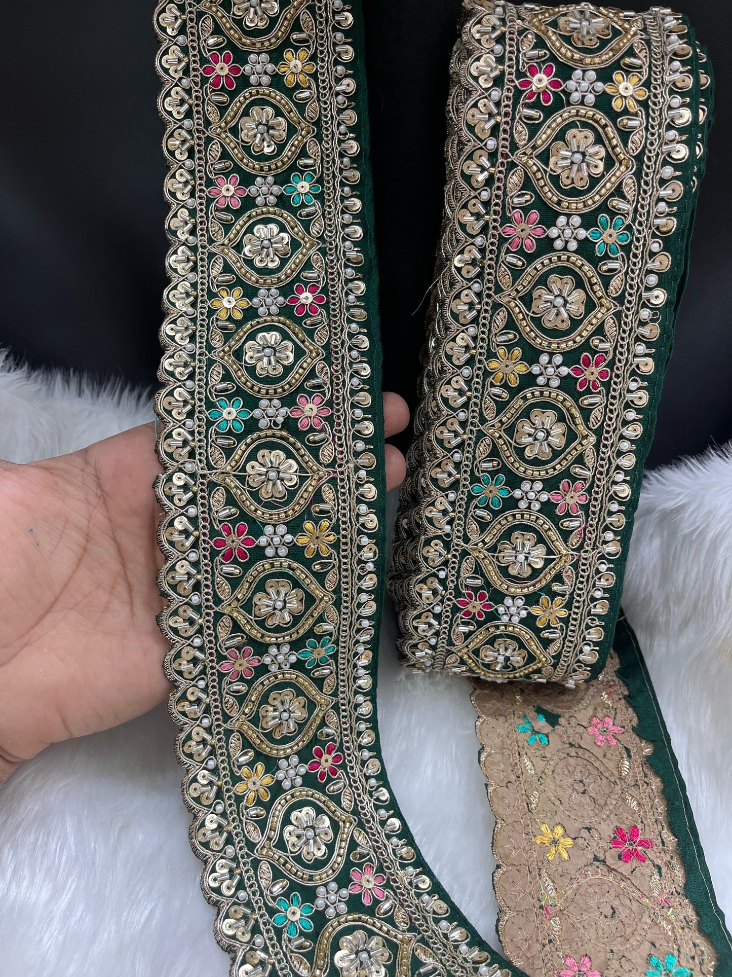 Vibrant Cutdana Beaded Embroidered Lace Border for Sarees and Lehengas – 9 Meters, 3-Inch Width | Bottle Green
